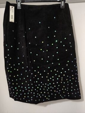 NWT DKNY Black Suede Pencil Skirt Blue Iridescent Sequins Starry Night Vintage